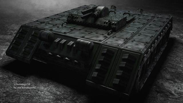 front view of 3d model of a stylized concept panzer type of heavily armored vehicle