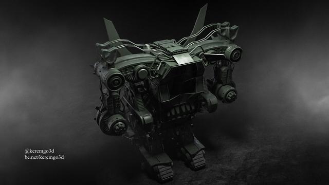 a detailed 3d model of a military green battle mech with machine guns, rocket launchers and heavy armor