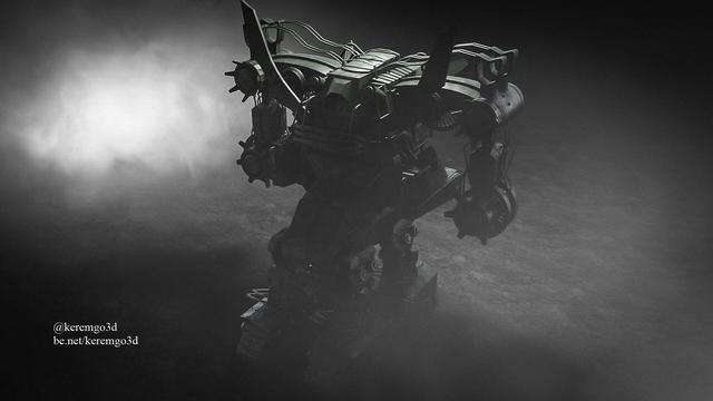 back view of a detailed 3d model of a military green battle mech with machine guns, rocket launchers and heavy armor