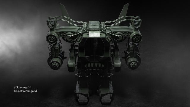 full frontal view a detailed 3d model of a military green battle mech with machine guns, rocket launchers and heavy armor