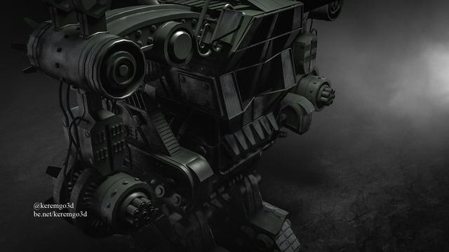 side close view of a detailed 3d model of a military green battle mech with machine guns, rocket launchers and heavy armor