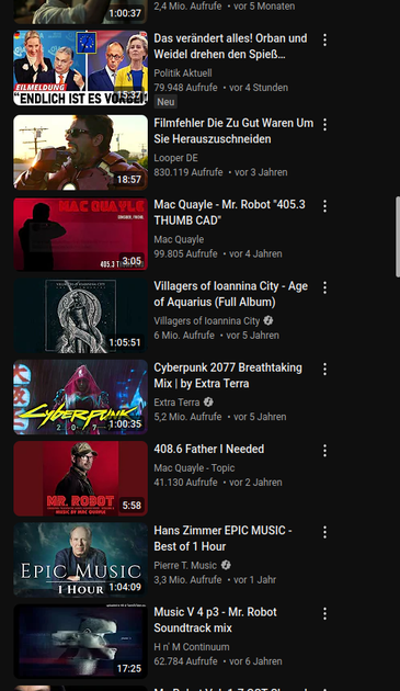 Videovorschläge zu Musik mit einem random Looper-Clickbaitt und einem Propaganda-Video zu Orban und Weidel