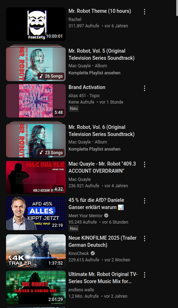 Die Videovorschläge ganz oben mit dem 6. Treffer bestehend aus NSAfD-Propaganda