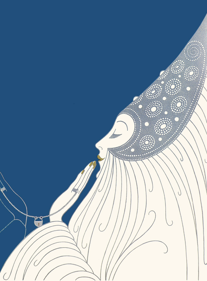 A stylized image of a woman’s head in profile. She wears an elaborate headdress and holds her hand up towards her lips. Palette of blue, blue-gray, white, with accents of golf at lips and fingernails.