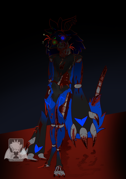 a blue cat-wolf animatronic on five nights at freddy's style. He drags one of his big arms, a lot of his metal-core parts visible as she menacingly walks to the viewer.