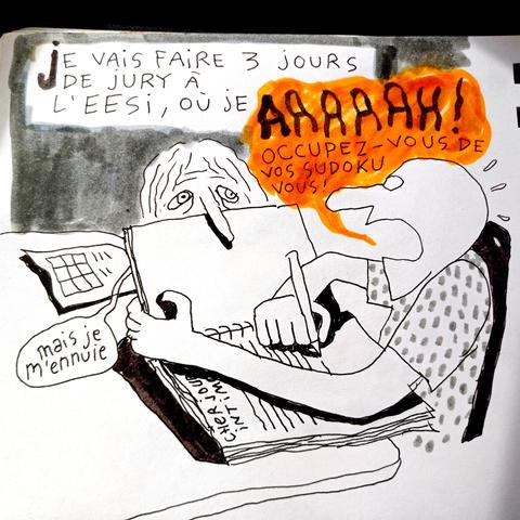 Dessin de moi dans le train où ma voisine stalke ce que je fais dans mon carnet au lieu de faire ses sudoku