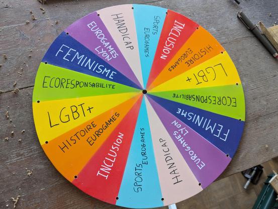 La roue est finie d'être peinte.

Il y a les couleurs de l'arc en ciel pour chaque quartier et la cate correspondante : rouge (inclusion), orange (Histoire EuroGames), jaune (LGBT+), vert (Eco responsabilité), bleu (féminisme), violet (EuroGames Lyon) et les couleurs trans : rose pâle (Handicap )et bleu clair (Sports EuroGames)