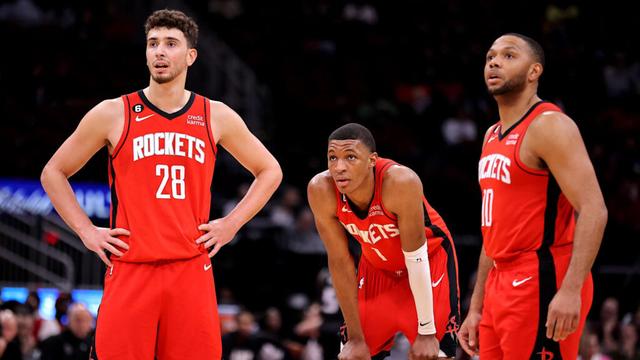 Houston Rockets center Alperen Sengun (28) reacts with guard Eric Gordon (10) during the fourth quarter against the Memphis Grizzlies at Toyota Center.