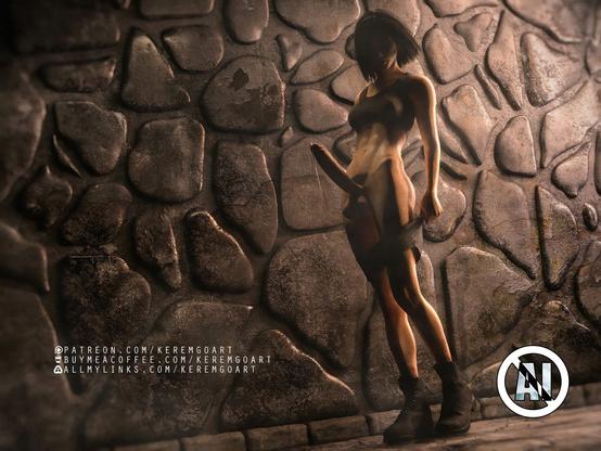 digital art of a fit and elegant Futanari character in a room with a stone wall. She slowly pulling down her short shorts and revealing her amazing cock with dripping precum
