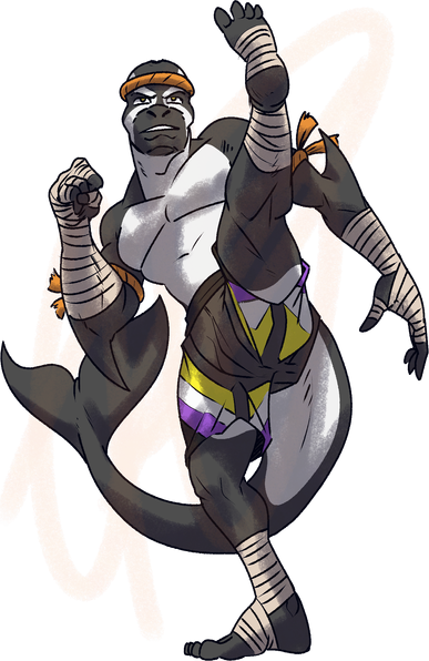 Digital art of anthro dolphin in fighting pose with non-binary shorts.