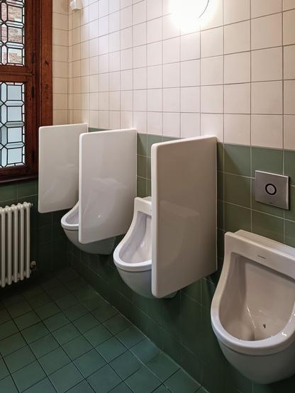A row of four white wall-mounted urinals in the men’s restroom of the Plantin-Moretus Museum in Antwerp. The first three urinals are separated by tall white privacy panels. The lower half of the wall and the floor are tiled in muted green, while the upper wall features classic white square tiles. To the left is a large, wooden-framed leaded-glass window typical of Renaissance architecture, in keeping with the museum’s 16th-century origins. The window includes frosted diamond-shaped panes for privacy, interspersed with clear glass segments. Through the unfrosted parts, one can glimpse the red brick façade and stone-framed windows of the historic inner courtyard, reflecting the building’s original printing house heritage. A traditional white cast-iron radiator sits beneath the window.