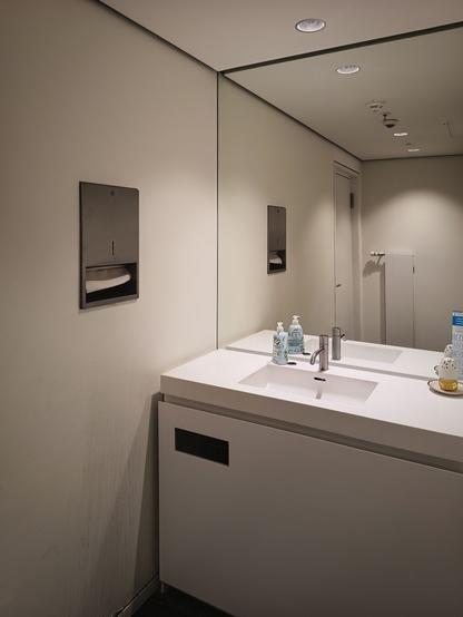 A washbasin area in a modern public restroom. A white rectangular sink is built into a minimalist white vanity unit, with two bottles of soap on top. The background features a large wall-mounted mirror reflecting the opposite side of the room with a wall mounted radiator. On the left wall is a stainless steel paper towel dispenser. The lighting is soft and embedded in the ceiling, and a faint smudge on the wall suggests regular use. The overall design is clean and utilitarian.