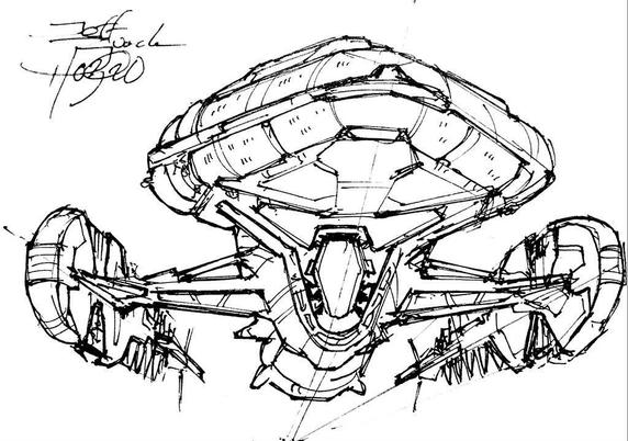 Black and white line art sketch of an imaginative sci fi spaceship. Each one is very different.