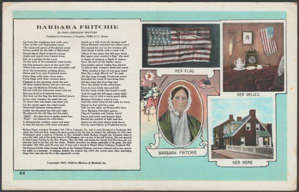 Printed colour postcard showing a view of the Unionist Barbara Fritchie, her house, flag and relics at Frederick in Maryland, USA and with the poem by John Greenleaf Whittier.

Published by Marken & Bielfeld Inc, Frederick MD, No 120842.

Postally used on 10 August 1930 with Frederick cancellation on red 2 cents stamp and sent to Mrs A Bacon, 14 Harcourt Road, Thornton Heath, Surrey, England.

Good condition, with slight corner bumps, but light knocks to top corners.
