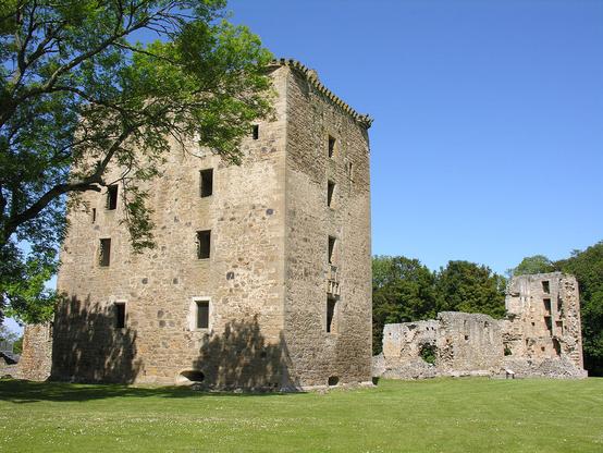 Spynie Palace. The image shows a six-storey tower house nearly filling the left of the frame with a tree to its left and grass in the foreground. Stretching back to the right of the tower house are more stone ruins. The sky is blue.