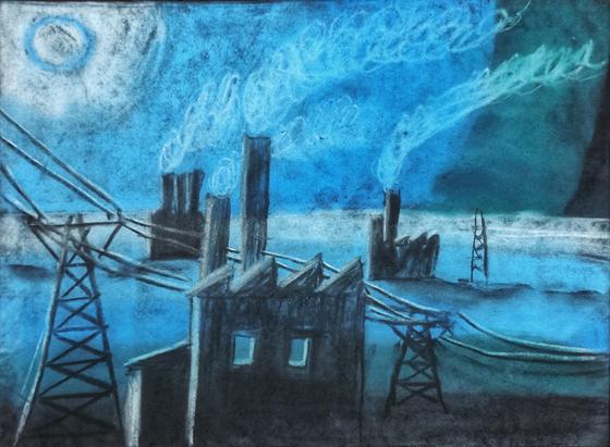 During the night, the moon shining in a corner, factories throw smoke into the air, making the ambience quite dark and gloomy, electrical towers can be seen. Everything is done in a black sheet of paper, the moonlight creates a strong contrast, so all the buildings are black, with a few reflections