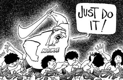 Image of a large man in a "Nike" t-shirt, wielding a nike swoosh machete, lords over a group of child laborers in a shoe factory.