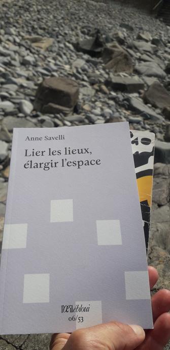 Couverture du livre d'Anne Savelli, "Lier les lieux, élargir l'espace". Au éditions L'Oeil ébloui dans la collection Perec 53.
N0 6/53.
Photo prise sur une grève au bord de la mer en Bretagne Nord.
