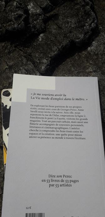 4ème de couverture du livre d'Anne Savelli, "Lier les lieux, élargir l'espace".
Éditions L'Oeil ébloui dans la collection Perec 53. N06/53.
Photo prise sur une grève au bord de la mer en Bretagne Nord.