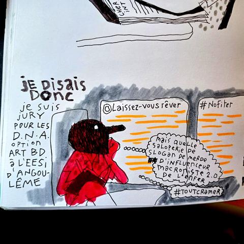 Dessin de moi dans le train qui en peut plus des slogans à la con sur les vitres
