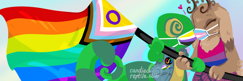 a chameleon and a jackalope holding the pole of a pride flag together. they're kissing