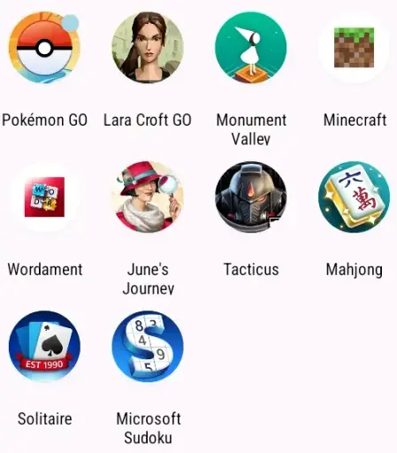 Game icons on Android: Pokémon Go, Lara Croft Go, Monument Valley, Minecraft, Microsoft Wordament, June's Journey, Warhammer 40,000: Tacticus, Microsoft Mahjong, Microsoft Solitaire, Microsoft Sudoku