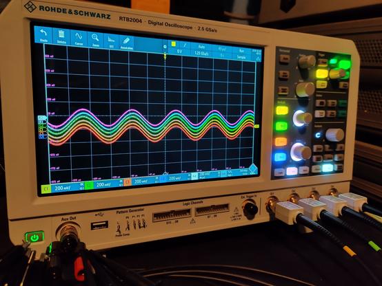 Oscilloscope displaying a rainbow sinusoid