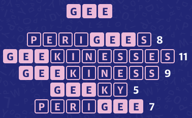 PERIGEES 8
GEEKINESSES 11
GEEKINESS 9
GEEKY 5
PERIGEE 7