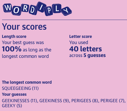 The longest common word:
SQUEEGEEING (11)