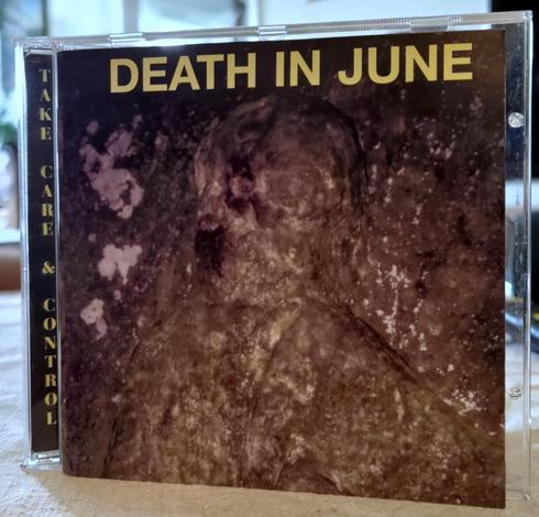CD cover. "Take care & control" in spine. 

Cover is an image of some moss covered stone which looks like Hitler seen from the side.

Death in June written in all capital letters on topp. yellow color.