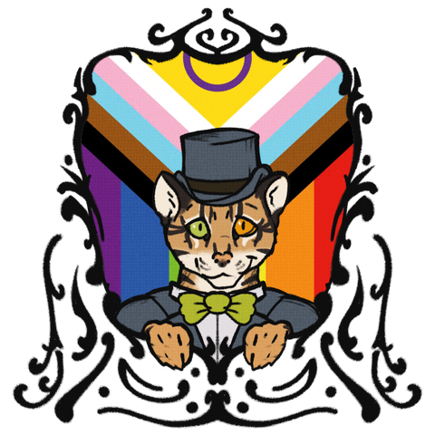 Pride icon with the inclusive pride flag in the background and an ocelot looking out of a nice frame towards the viewer.