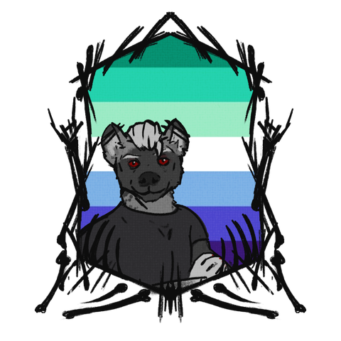 Pride icon with the gay men pride flag in the background and a greyish hyena with red eyes looking out of a wild looking frame towards the viewer.