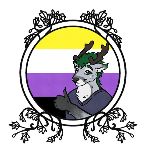 Pride icon with the non-binary pride flag in the background and a greyish reindeer with green fur and eyes looking out of a nice round styled frame towards the viewer.