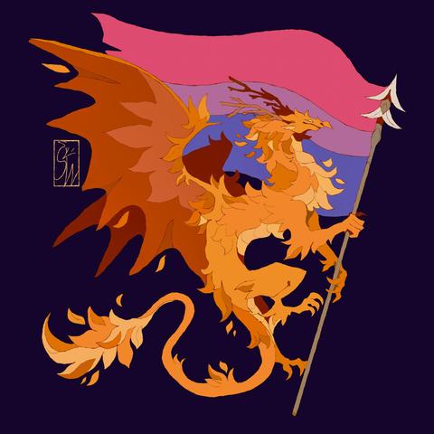A fall-themed dragon holding the bi flag