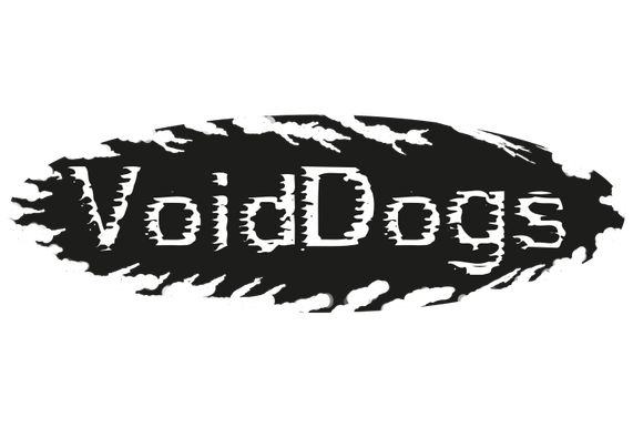 Das Logo zeigt einen Tiefschwarzen Riss in dem in negativer Farbe der Titel "VoidDogs" steht.