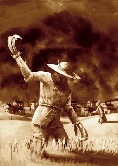 Cover artwork for the adventure Ghoulscares of Kosvin, by Jennifer Lange. It shows an animated scarecrow with dagger hands mowing the fields. with more of them and a quaint village in the background. A storm brews overhead.