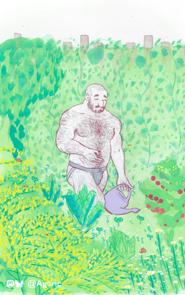 Watercolor, pencil, and digital illustration of a hairy shirtless man in a jockstrap watering his garden. A variety of plants are painted simply in the background and foreground, including tomatoes, goldenrod, daisies, and kale.

I don't think this counts as NSFW but let me know if I should CW this