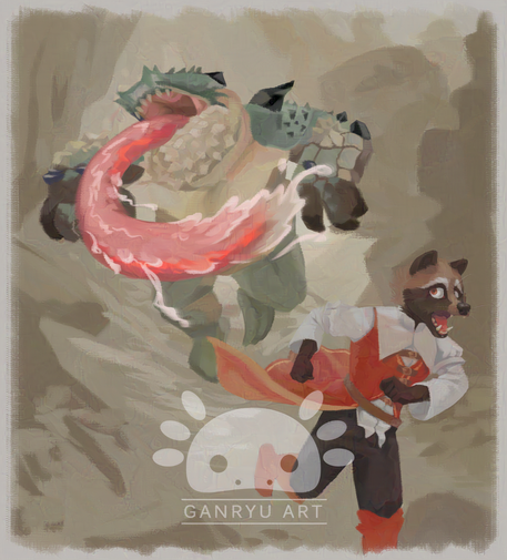 A digital painting of an anthro raccoon dog getting chased by a monster through a stony valley corridor. The character is in the right bottom corner, running towards the viewer. The big chunky monster takes up the upper third of the composition, jumping after and lashing it's frog-like tongue at it's prey.