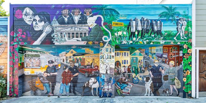 Mural depicting wealthy white people displacing poorer Latinos in San Francisco's Mission district