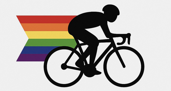 Die Silhouette eines Rennradfahrers, dessen Windschatten eine LGBTQ Pride Flagge ist.