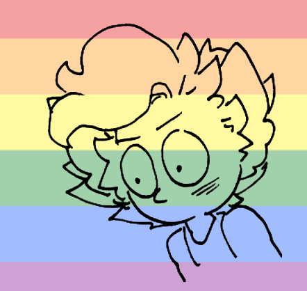 Chibi drawing of Jasper having a flustered stare, with a subtle rainbow flag in the background.