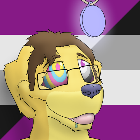 RK a yellow flop-eared dog in glasses, looks up at a glowing pendant, drooling.  His eyes are filled with hypnotic swirls in the colour of the pan and ace flags, with half an aegosexuality flag behind him.