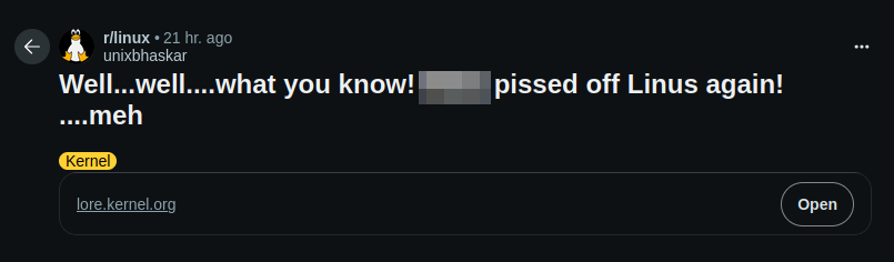Screenshot of the head of https://www.reddit.com/r/linux/comments/1l07j8z/wellwellwhat_you_know_kees_pissed_off_linus_again/