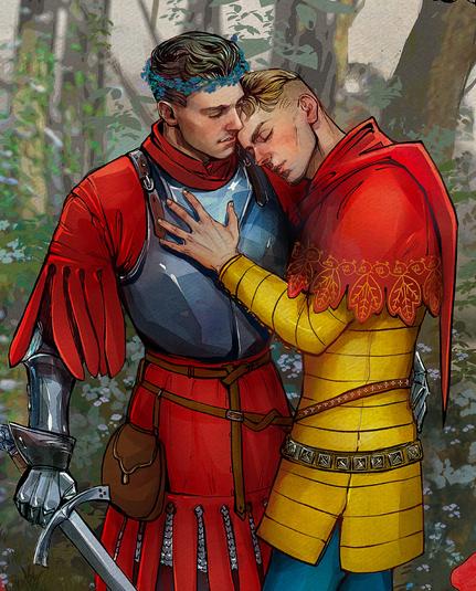 Closeup of the artwork in the QRP. 
Hans and Henry standing in the forest. Hans's head is on Henry's shoulder, and Henry holds Hans close with his armoured hand on Han's waist.