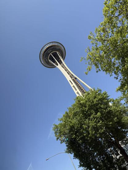 The image features the Space Needle in Seattle, viewed from below against a clear blue sky, with lush green trees in the foreground.