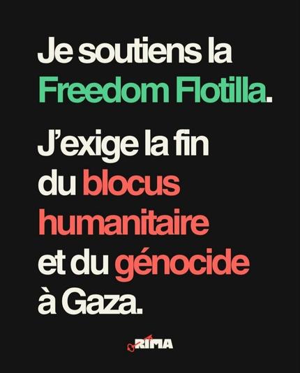 Visuel sur fond noir disant, avec du texte écrit en blanc, vert et rouge : "Je soutiens la Freedom Flotilla. J'exige la fin du blocus humanitaire et du génocide à Gaza."