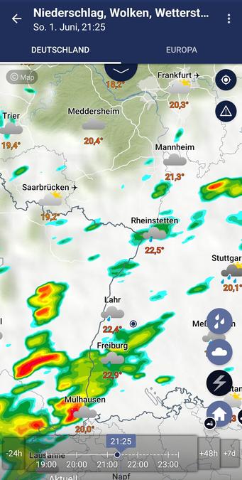 Screenshot Warnwetter App
Gewitter Zelle Richtung Freiburg 
Danach Elztal und Kinzigtal