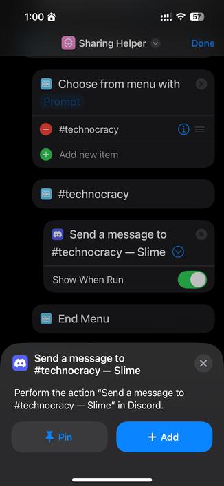 Screenshot showing iOS Shortcuts with Discord actions