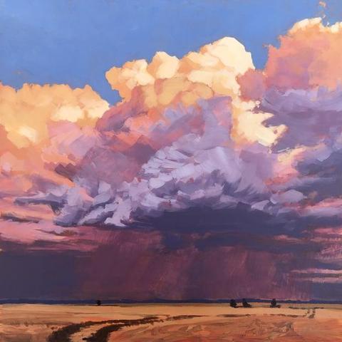 Painting of a large rain cloud, with sun & blue sky above and darkness below