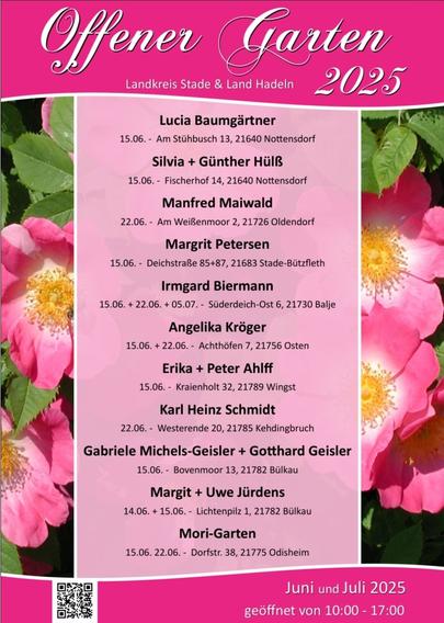 Pink gehaltener Ankündigungsflyer für Öffene Gärten imd Landkreis Stade und Hadeln in Niedersachsen.